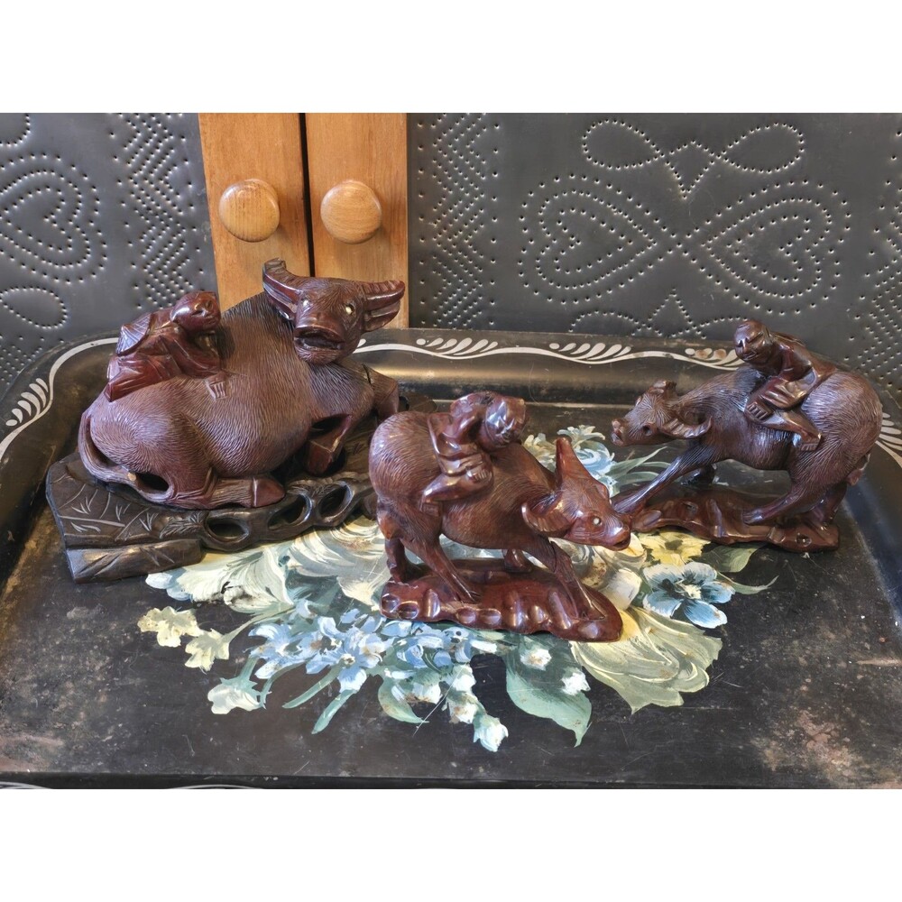 Set Of 3 Vintage Hand Carved Asian Wood Figurines With Water Buffalos